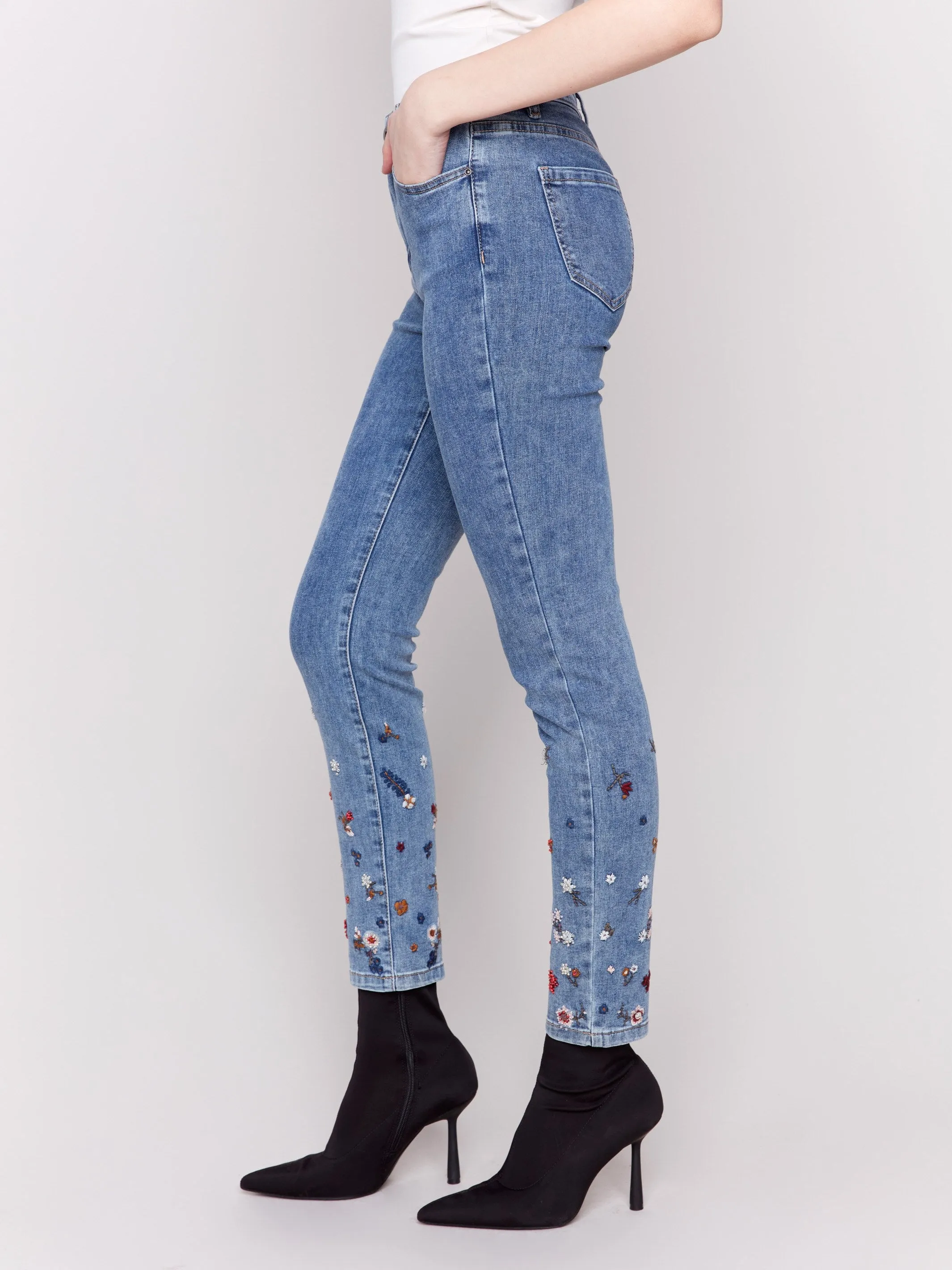 Embroidered And Beaded Slim Fit Jeans - Medium Blue