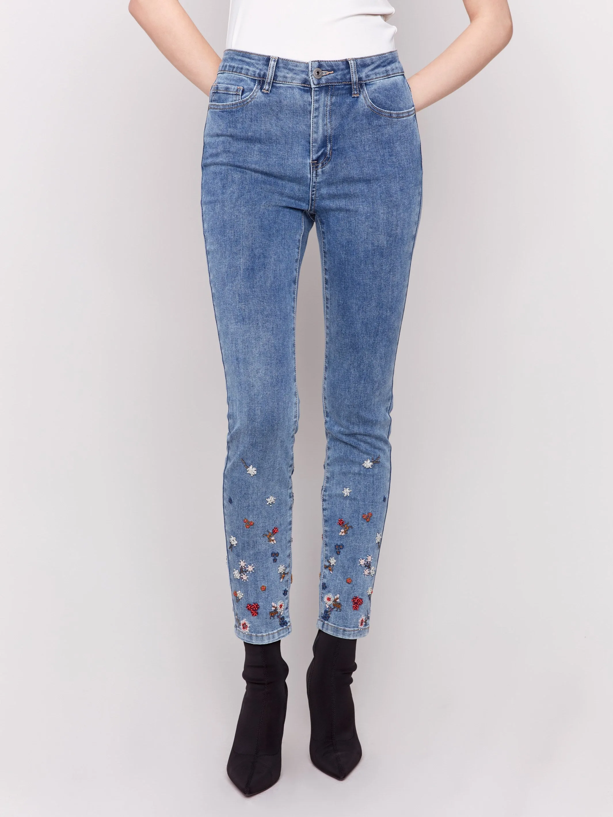 Embroidered And Beaded Slim Fit Jeans - Medium Blue