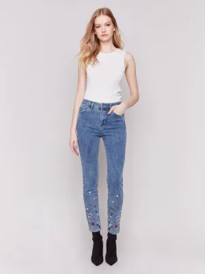 Embroidered And Beaded Slim Fit Jeans - Medium Blue