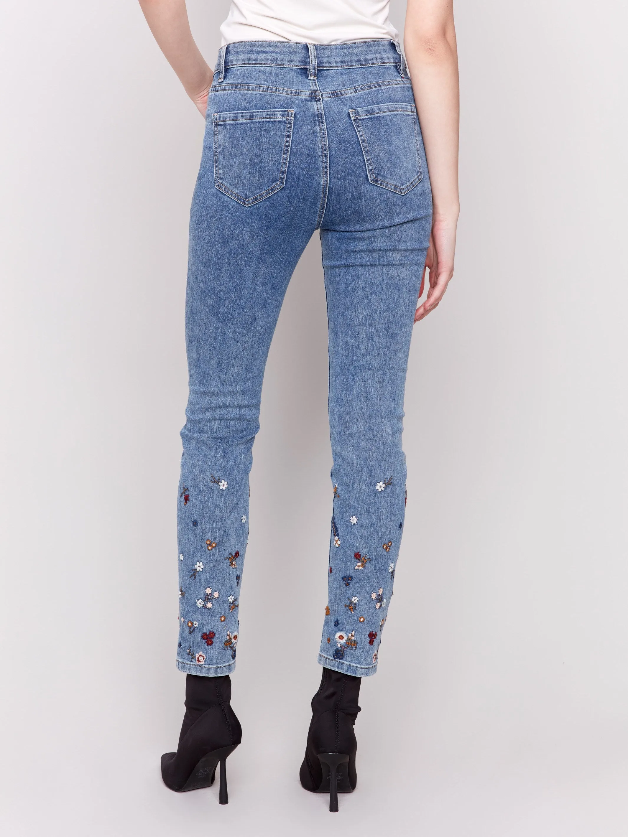 Embroidered And Beaded Slim Fit Jeans - Medium Blue
