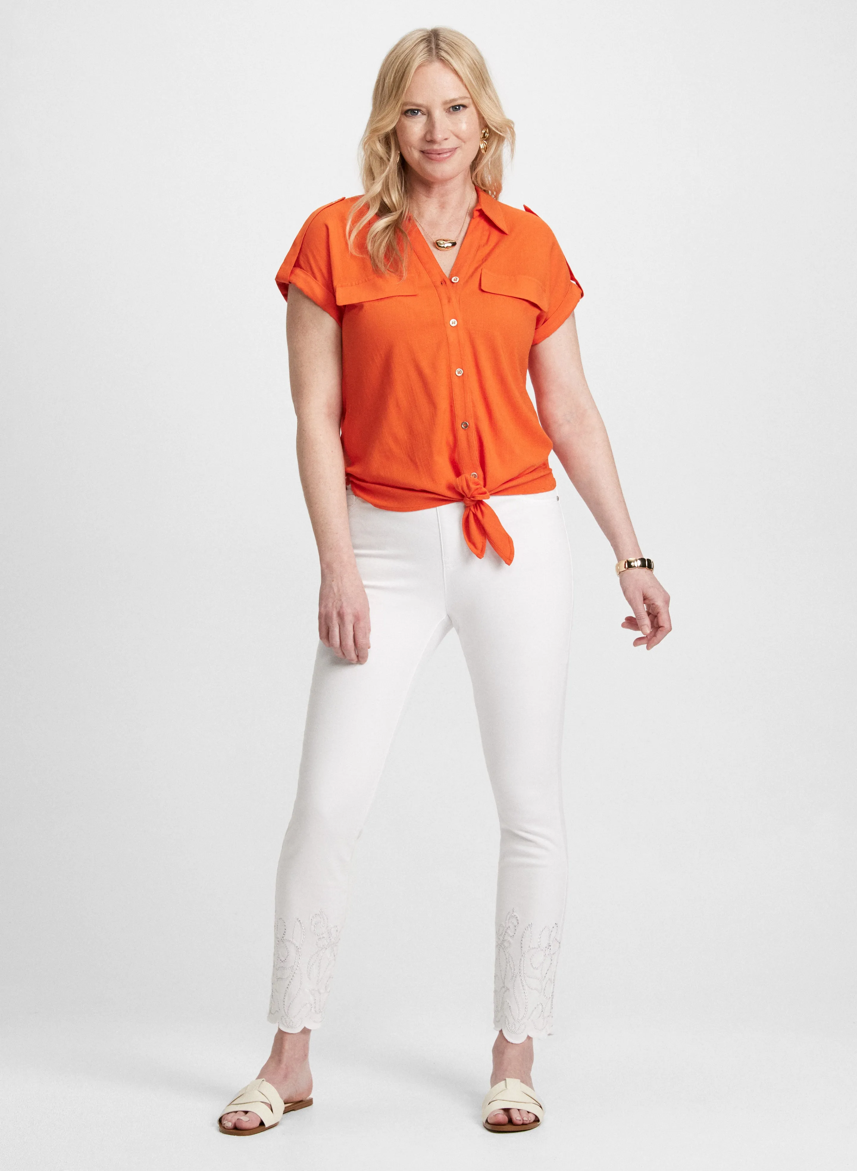 Embroidered Hem Pull-On Jeans