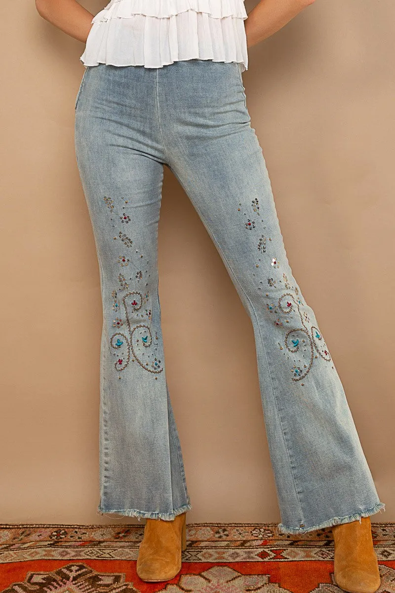 Embroidered   Sequin Flare Jeans