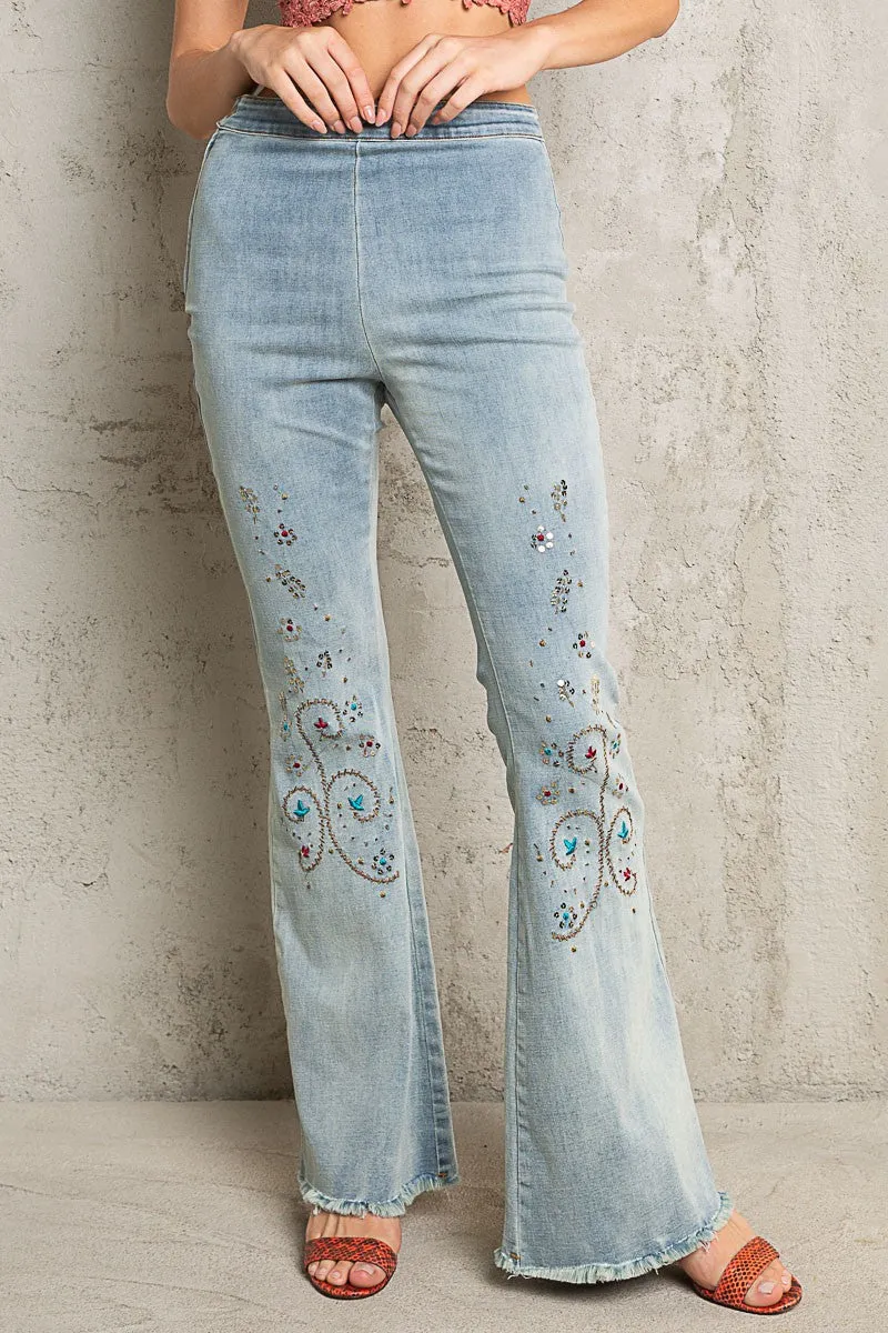 Embroidered   Sequin Flare Jeans