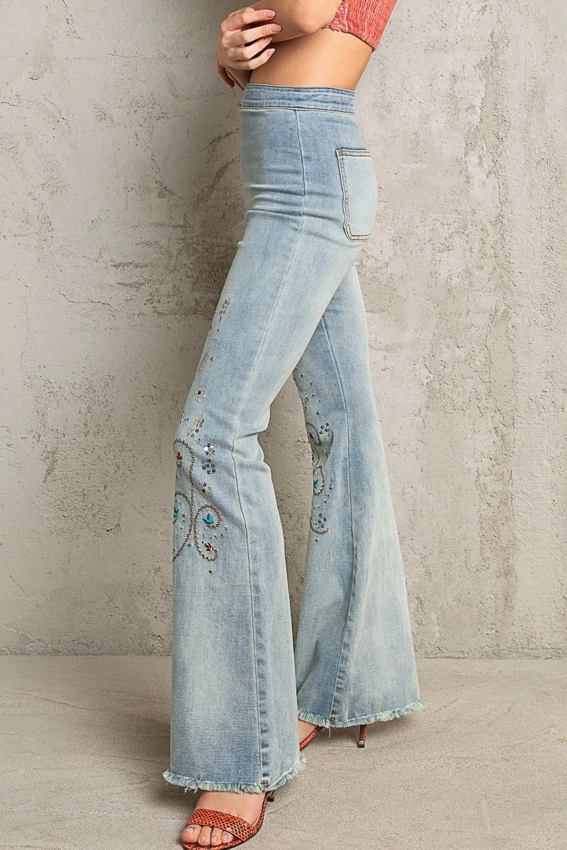 Embroidered   Sequin Flare Jeans