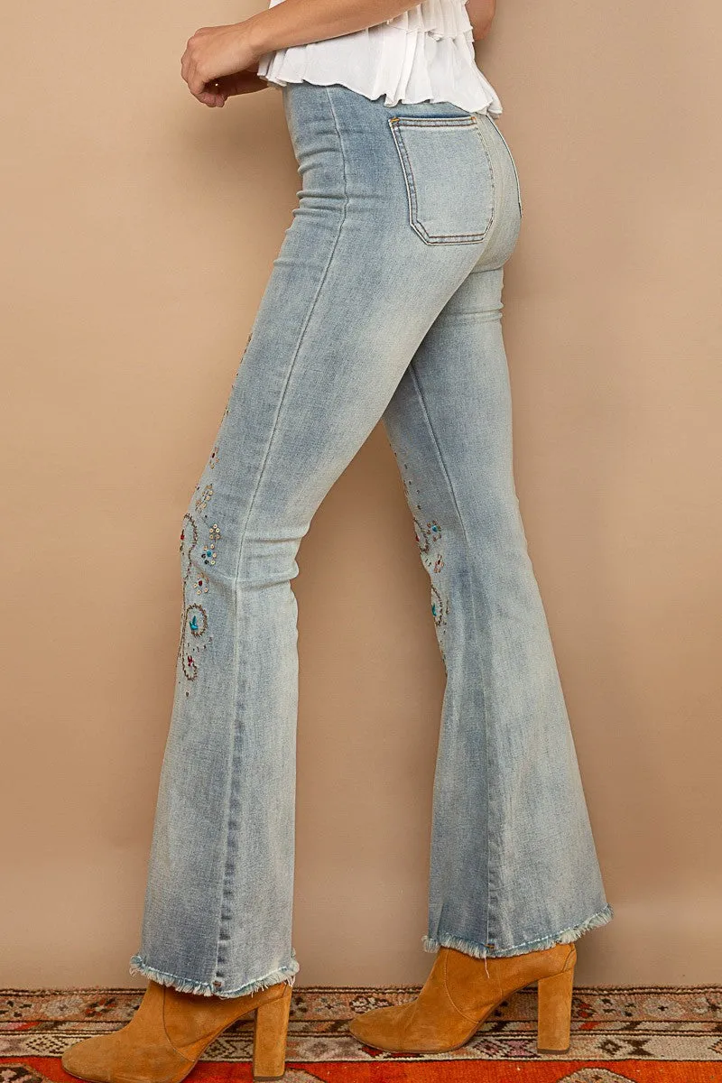 Embroidered   Sequin Flare Jeans