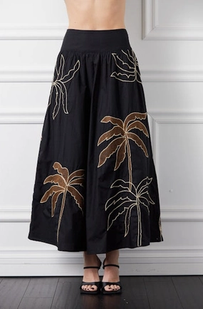 City Mood Embroidered Palm Tree Skirt in Black/Brown