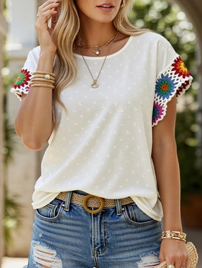Durable Chainstitch Reflective Safety Trim Embroidered Polka Dot Top ??Women's Casual Round Neck Short Sleeve Blouse