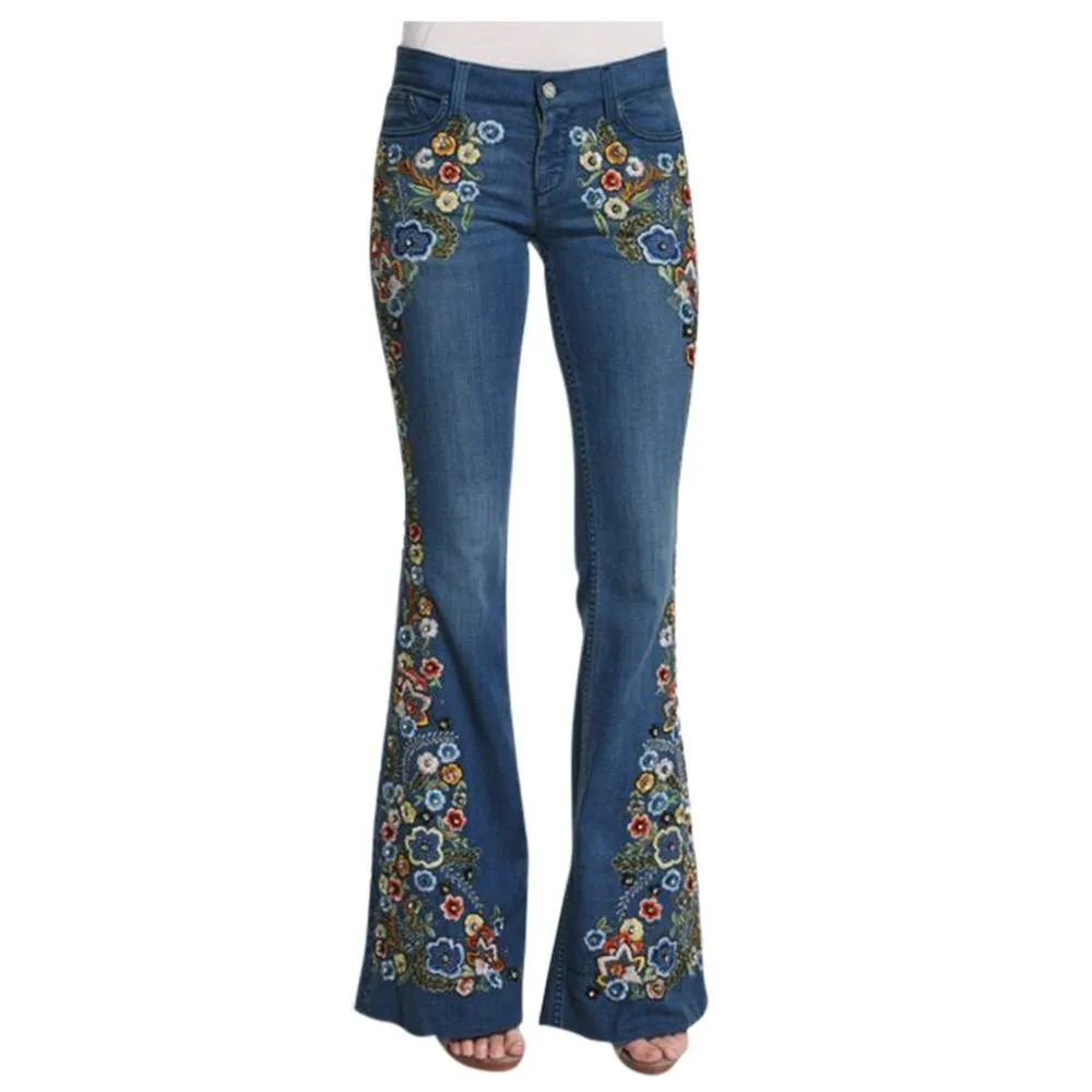 Embroidery Flowers Flare Waist Bell Denim Jeans