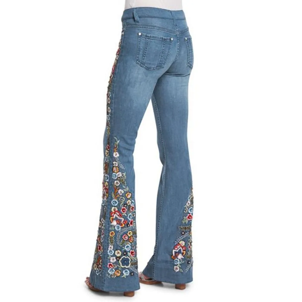 Embroidery Flowers Flare Waist Bell Denim Jeans