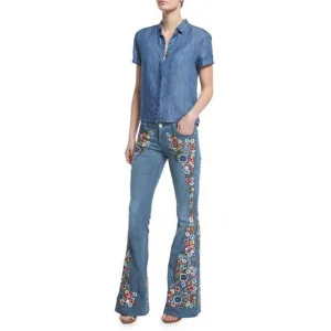 Embroidery Flowers Flare Waist Bell Denim Jeans