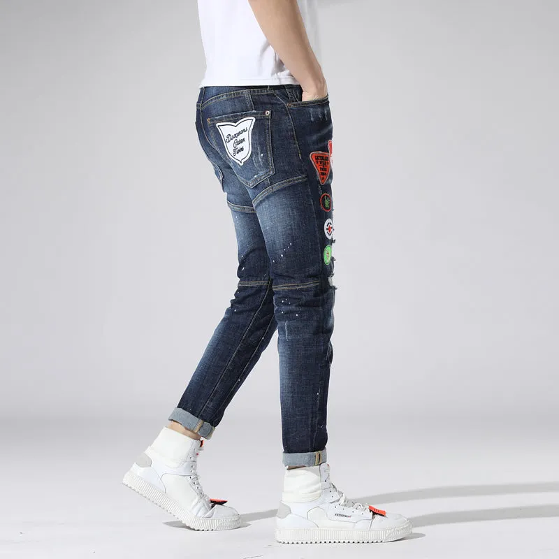 Embroidery Spliced Elastic Stretch Slim Style Men Jeans