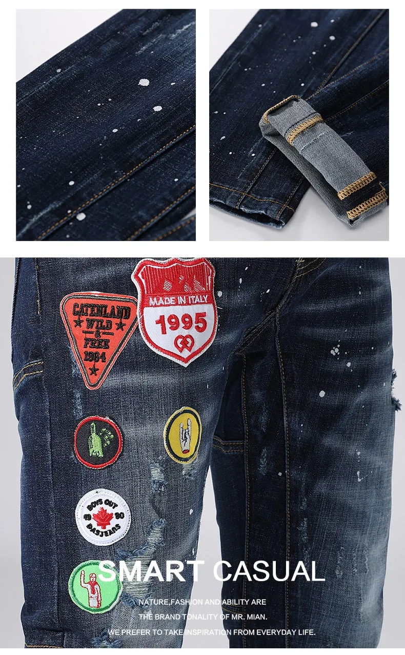 Embroidery Spliced Elastic Stretch Slim Style Men Jeans