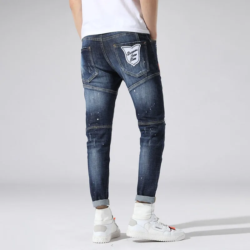 Embroidery Spliced Elastic Stretch Slim Style Men Jeans