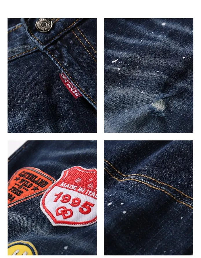 Embroidery Spliced Elastic Stretch Slim Style Men Jeans