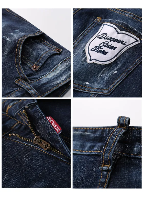 Embroidery Spliced Elastic Stretch Slim Style Men Jeans