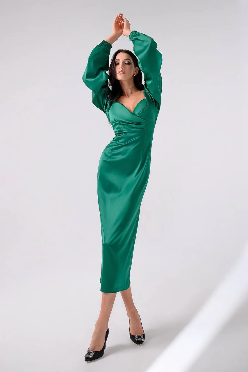Emerald Satin Puff-Sleeve Midi Dress