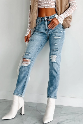Emilio High Rise Distressed Rigid Stretch Special A Jeans (Medium Light) Breath Fit Moisture Management