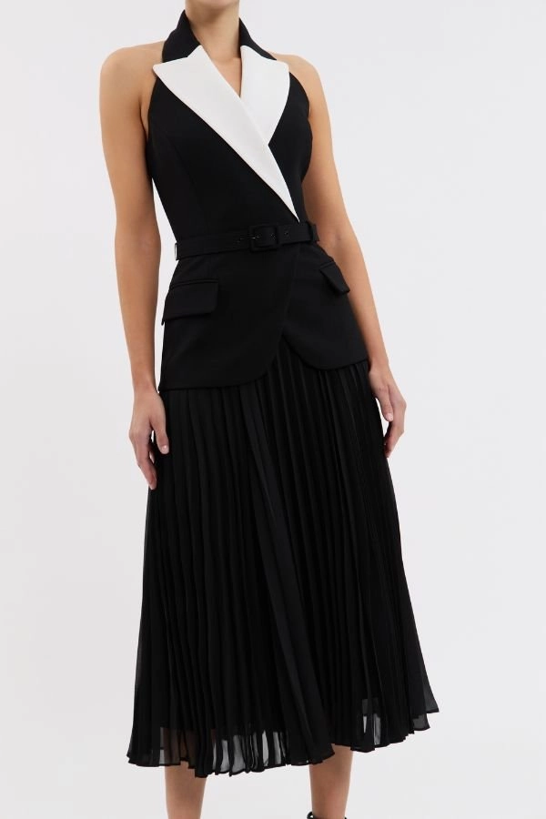 Sleeveless Modern Texture Emma Midi Dress Black and White