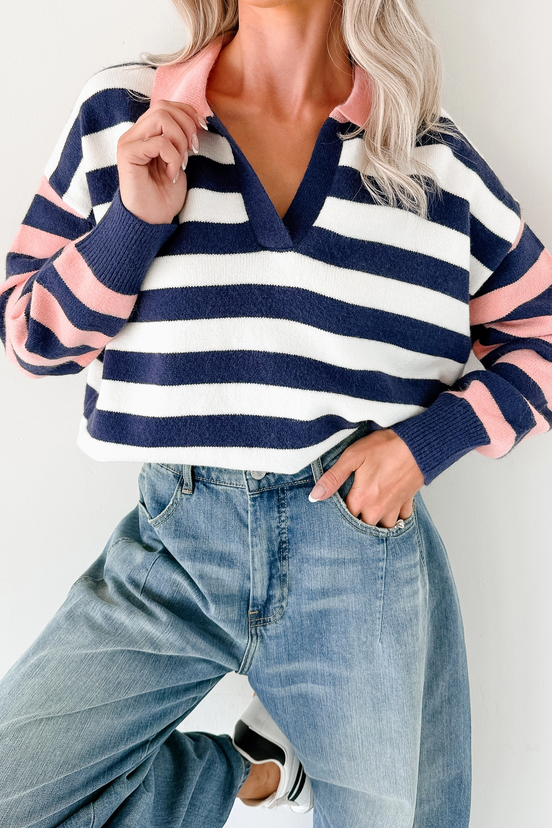 Chic Tee VNeckReinforcement Forward Flow Striped Knit Sweater (Navy/Multi)