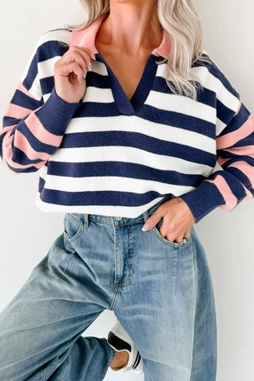 Forward Flow Striped Knit Sweater (Navy/Multi) StainRepellentCoating