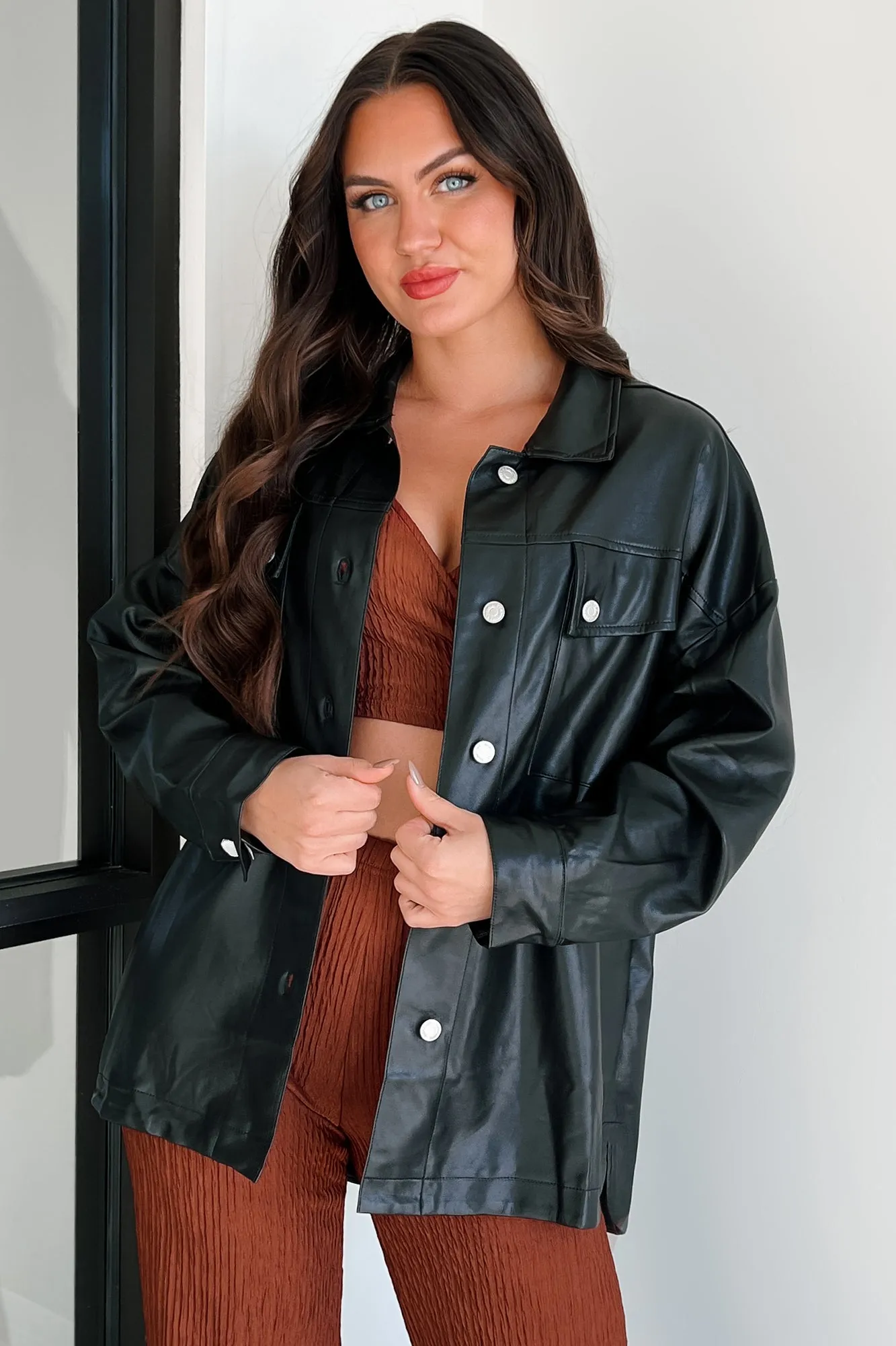 WrinkleResistant Overlock Edging Baddie Alert Faux Leather Shacket (Black)