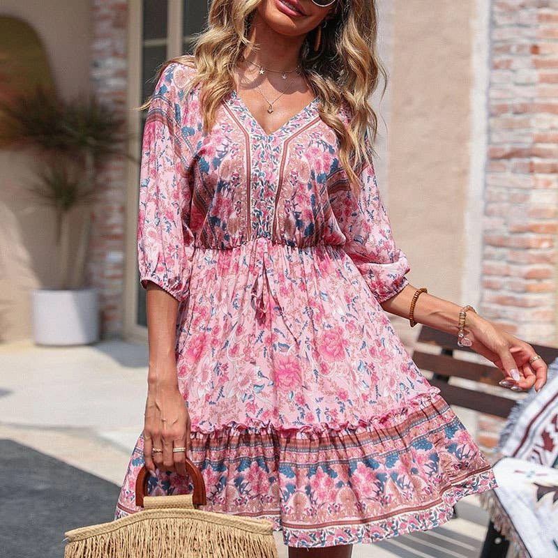 BOHO HALF-SLEEVED FLORAL DRESS_CWDSD3867 Smart Glide Holiday Wear