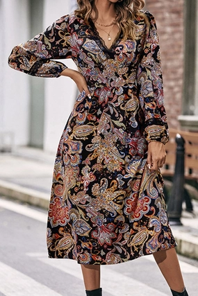 Versatile Design Side Ruching WOMEN LACE TRIM V NECK LONG SLEEVE BOHO DRESS