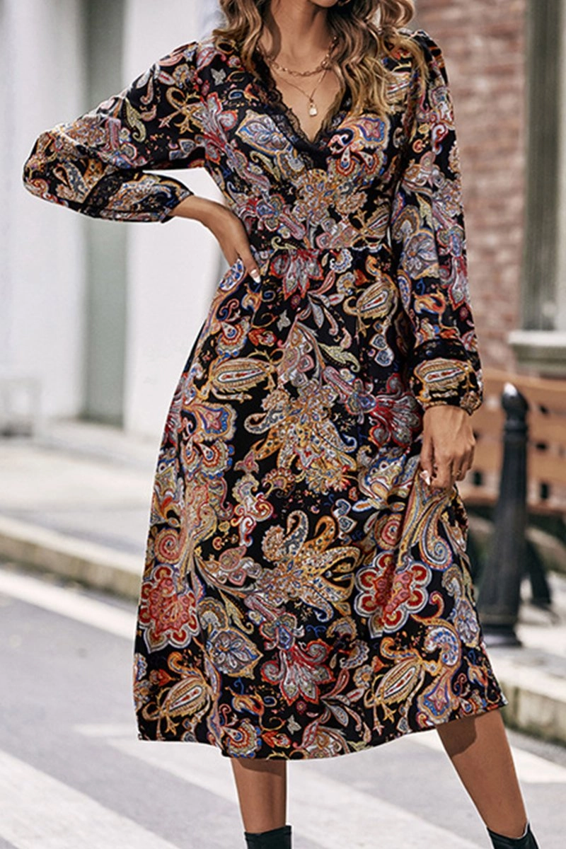 WOMEN LACE TRIM V NECK LONG SLEEVE BOHO DRESS Basic Fashion