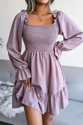 WOMEN SMOCKED FRILL SLEEVE LOOSE FIT RUFFLE DRESS Work Pairing