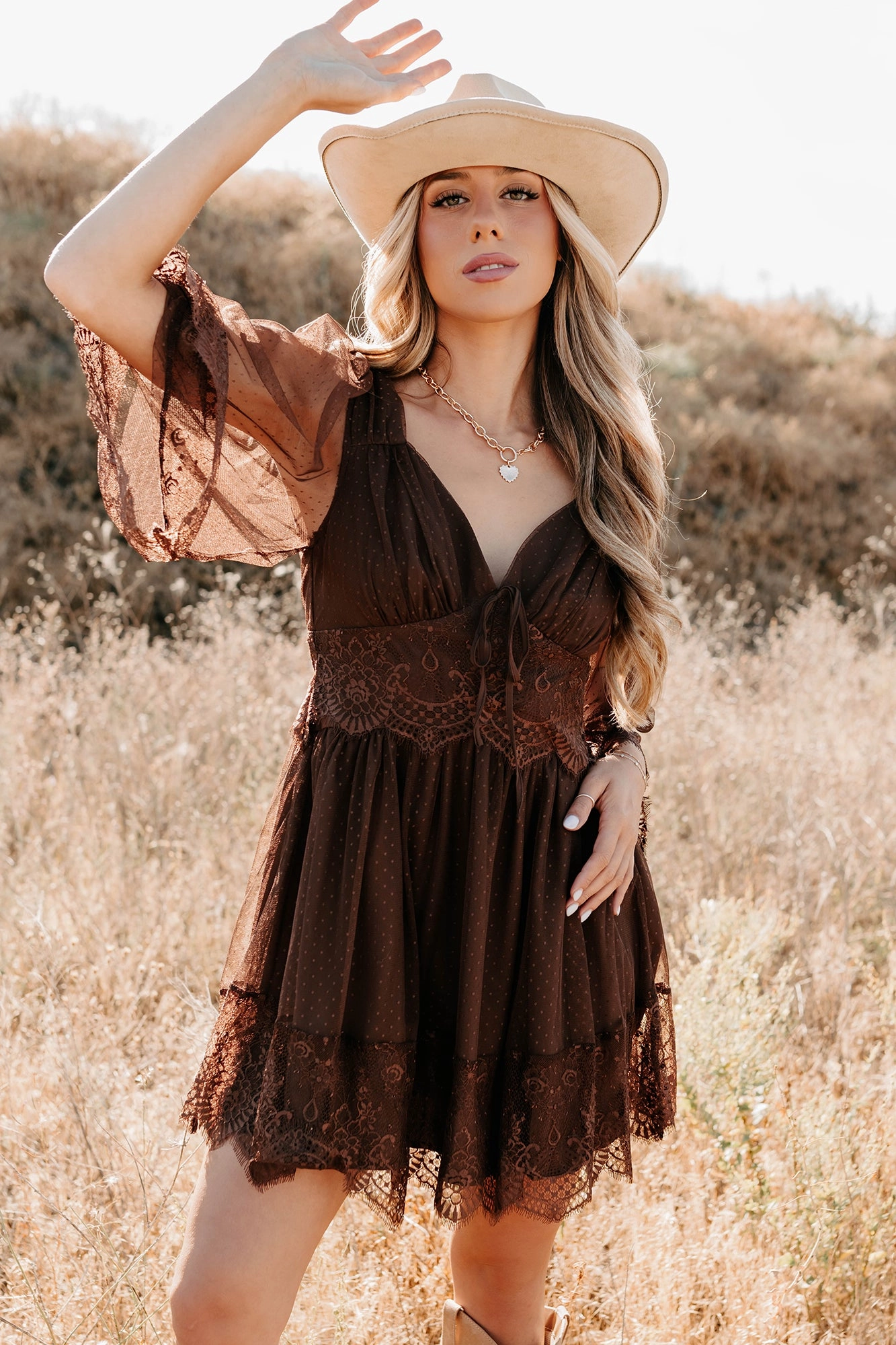 Heart Tone Ethereal Aura Dotted Mesh Mini Dress (Chocolate) - Ships by 10/10