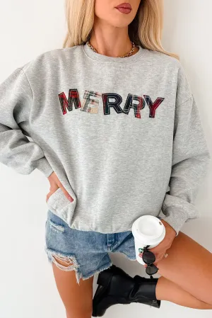 VNeckReinforcement Ribbed Collar Style Happy For The Holidays Plaid "Merry" Sweatshirt (Heather Grey)