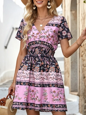 Comfortable travel dress Ethnic Bohemian Print Midi Dress ??Casual Flowing Summer Dress