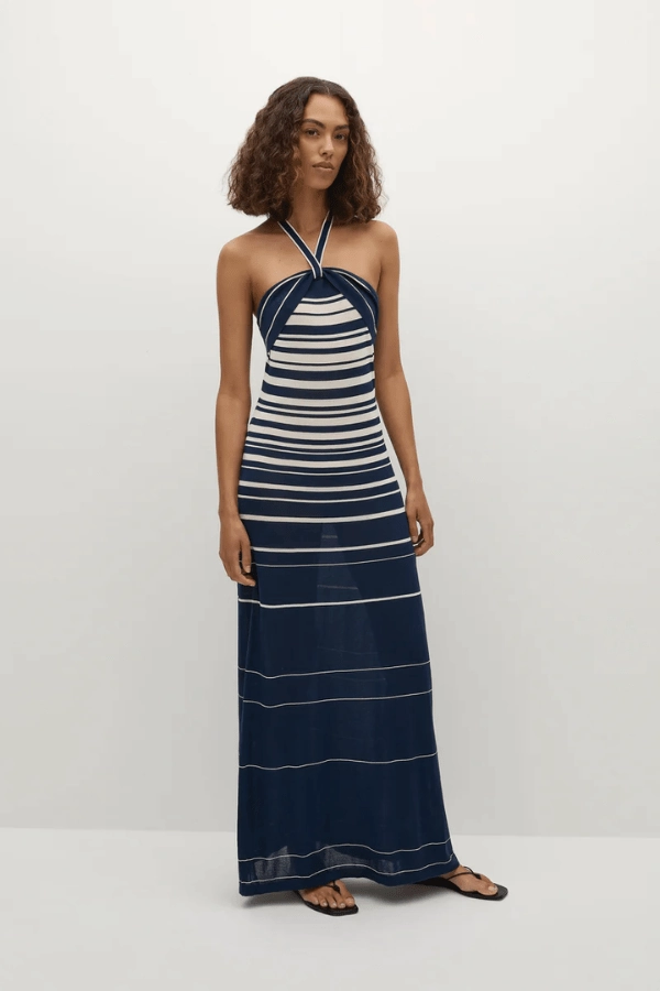 Patterned-Fabric Axel Maxi Dress Accordion Stripe Creamy Navy