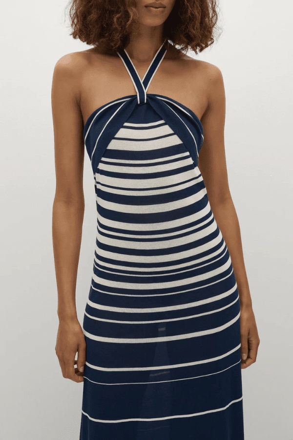 Warm Palette Relaxed Comfort Look Axel Maxi Dress Accordion Stripe Creamy Navy