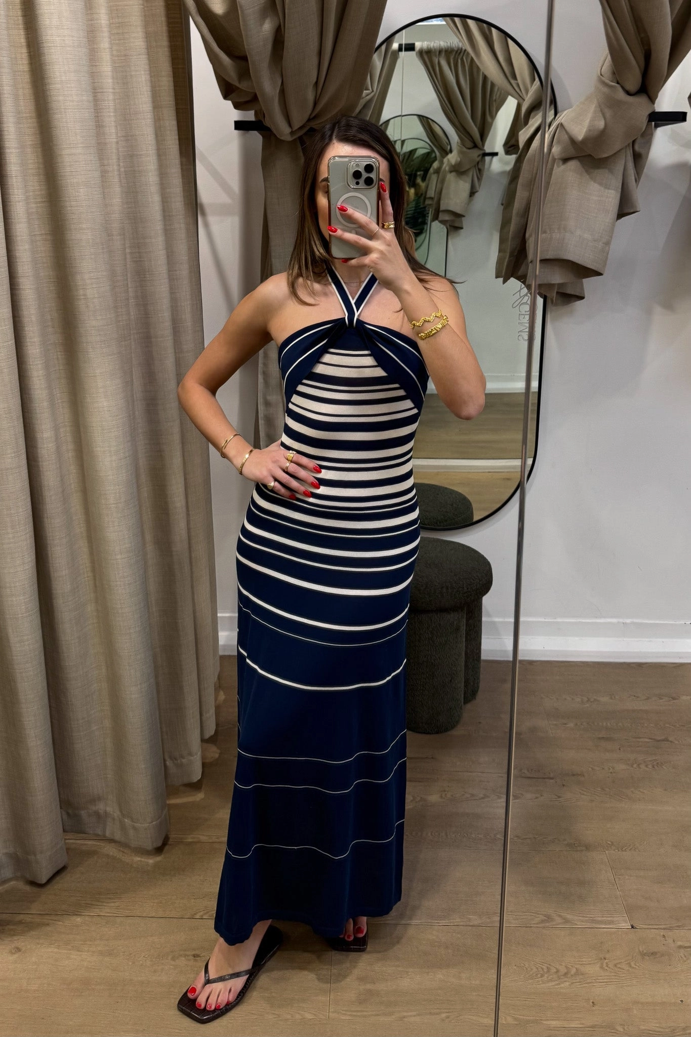 Romantic dinner wear Axel Maxi Dress Accordion Stripe Creamy Navy