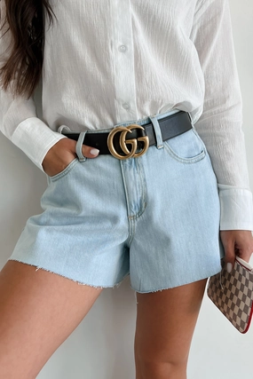 Evander High Rise Raw Hem Denim Sneak Peek Shorts (Light) Easy Stretch