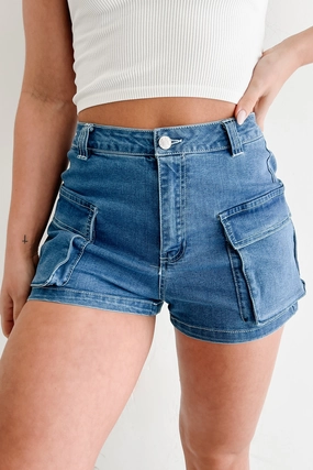 Durable Material rayon fabric Everyday Ease High Rise Denim Cargo Shorts (Blue)