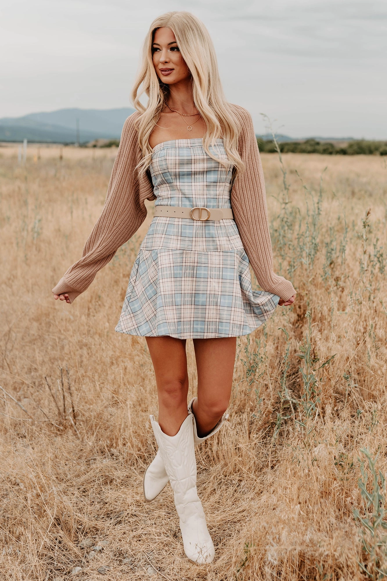 Classic Flow Confident Mood Hold Me Here Strapless Plaid Mini Dress (Light Blue)