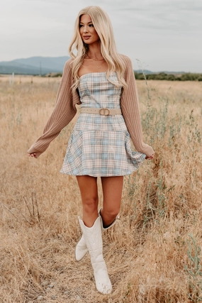 Hold Me Here Strapless Plaid Mini Dress (Light Blue) Flexible Style