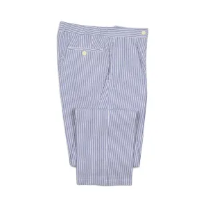Exclusive single-pleated easy pants in blue cotton seersucker