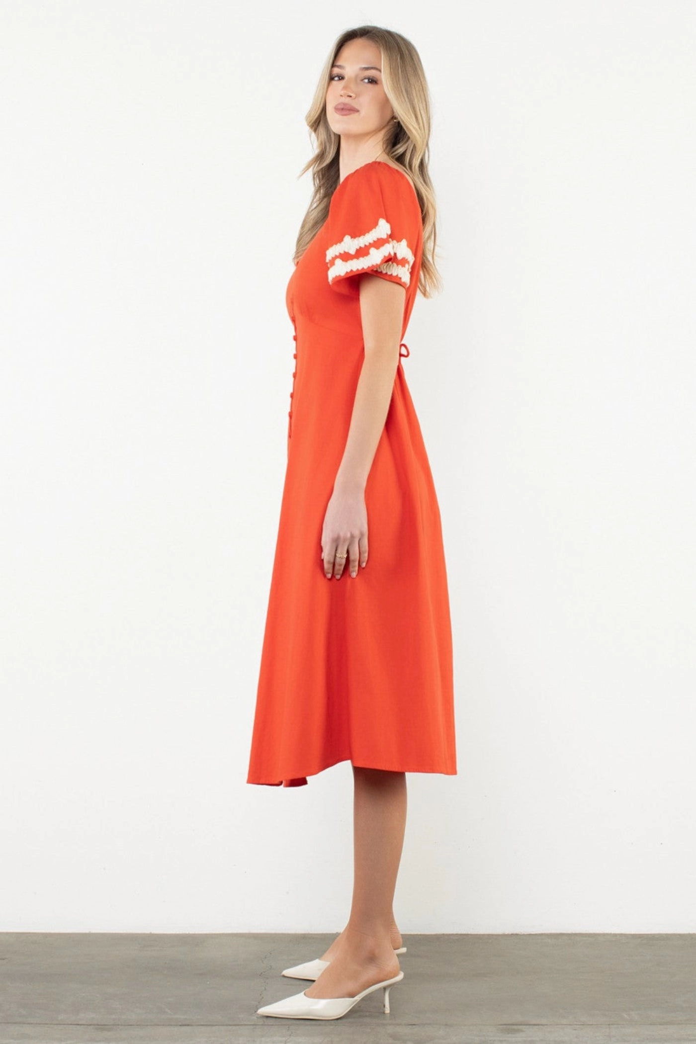 MACY SHIRRED SLEEVE FRONT SLIT MIDI DRESS All Gender Casual Chic Wear