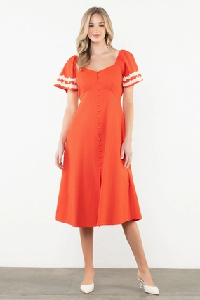 MACY SHIRRED SLEEVE FRONT SLIT MIDI DRESS Button Chic Soft Appearance