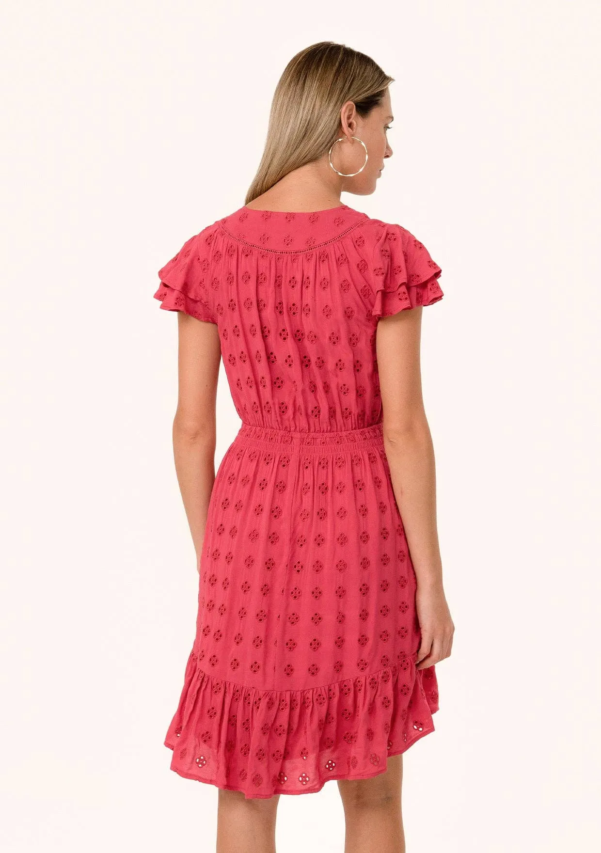 Eyelet Ruffle Sleeve V Neck High Low Mini Dress
