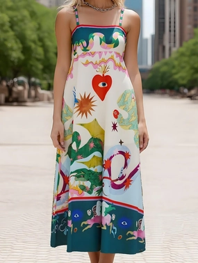 Winter Wrap Wonderland Fairy Print Swing Dress ??Whimsical Strappy Midi