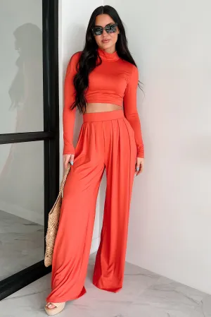 Faded Dreams Long Sleeve Crop Top & Pant Set (Dark Coral) LatticeKnit