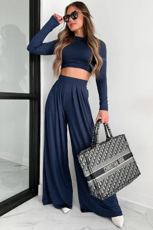 Faded Dreams Long Sleeve Crop Top & Pant Set (Navy) Stylish Tank Easycare
