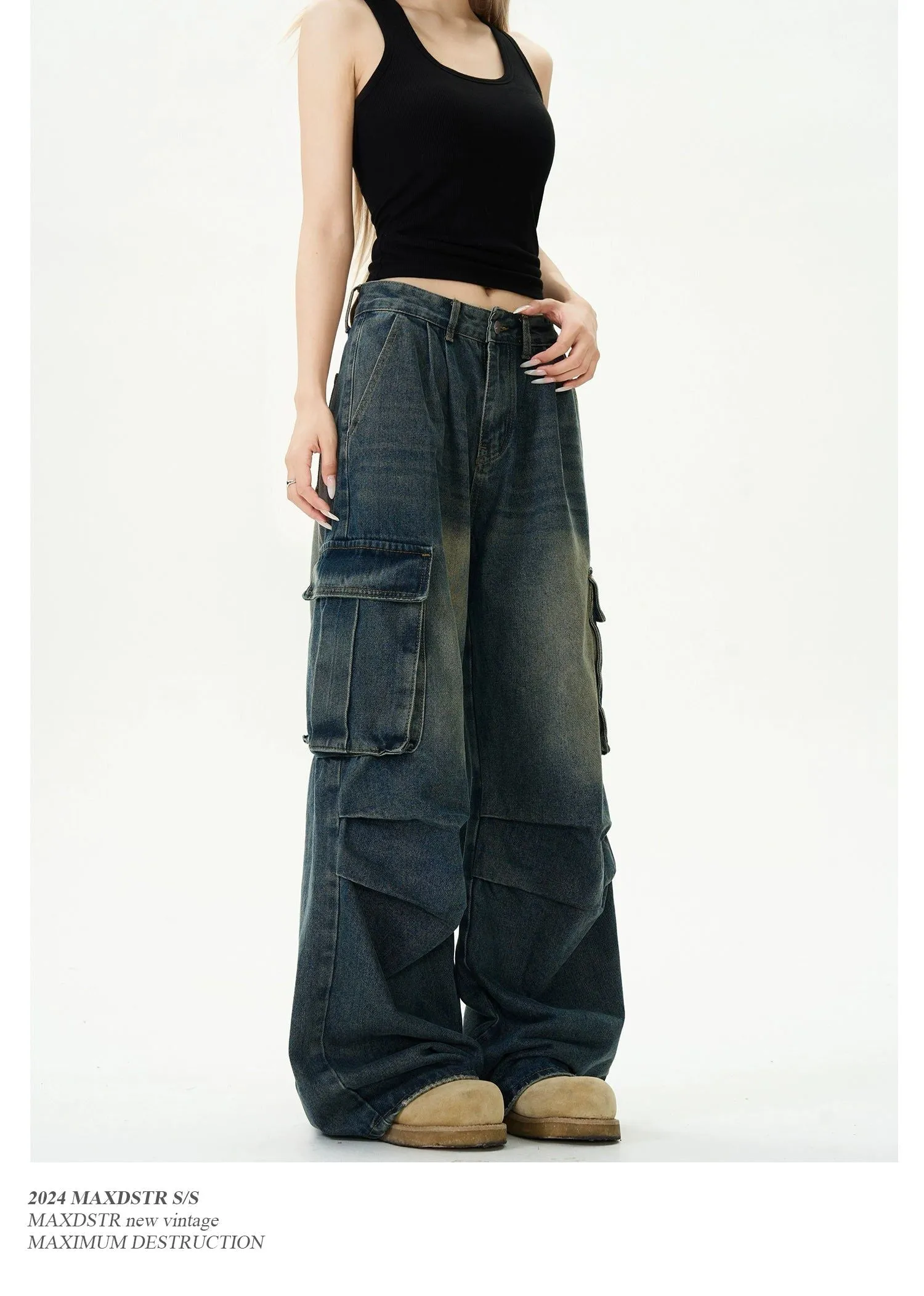 Faded Pleats Loose Fit Cargo Jeans