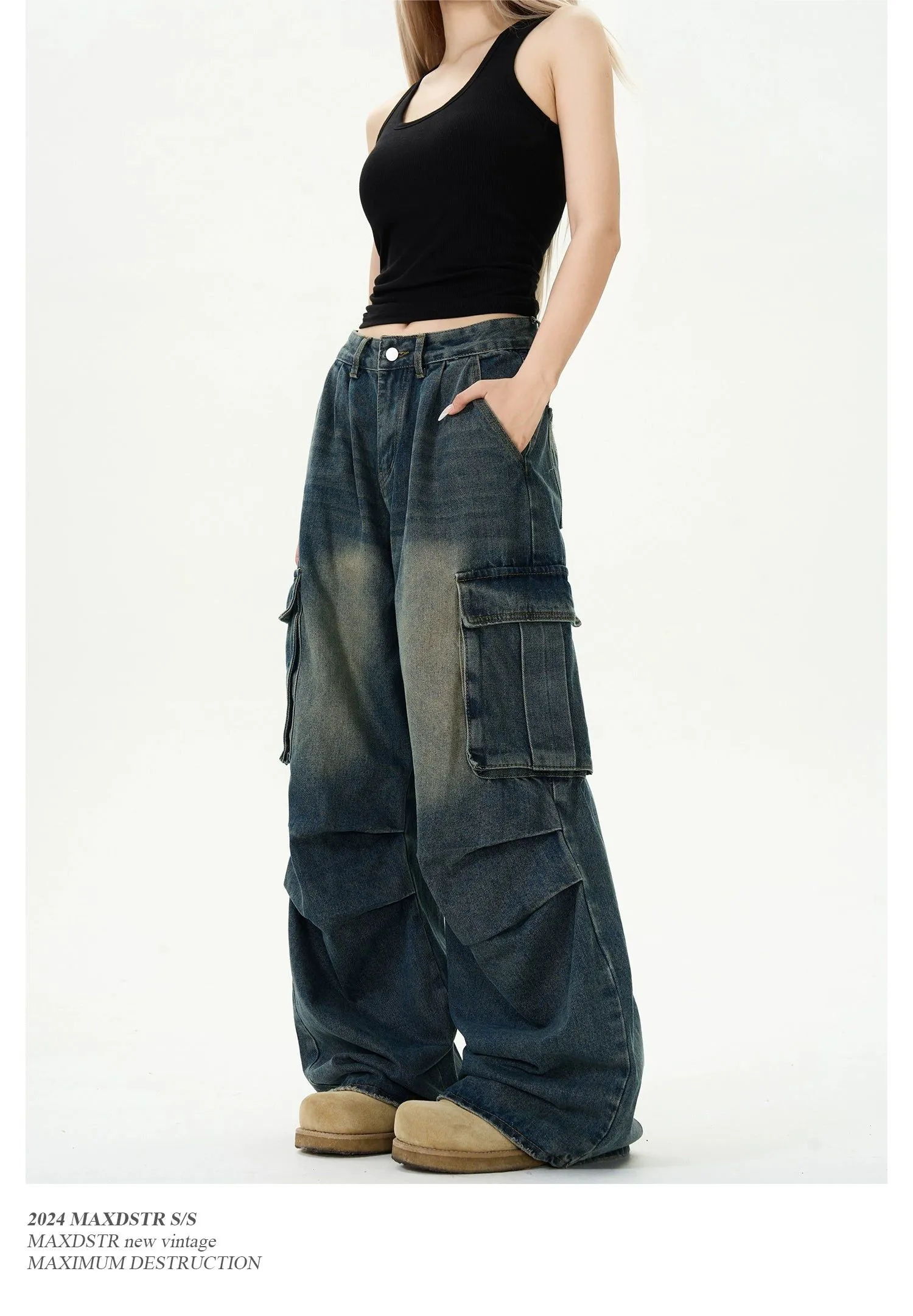 Faded Pleats Loose Fit Cargo Jeans