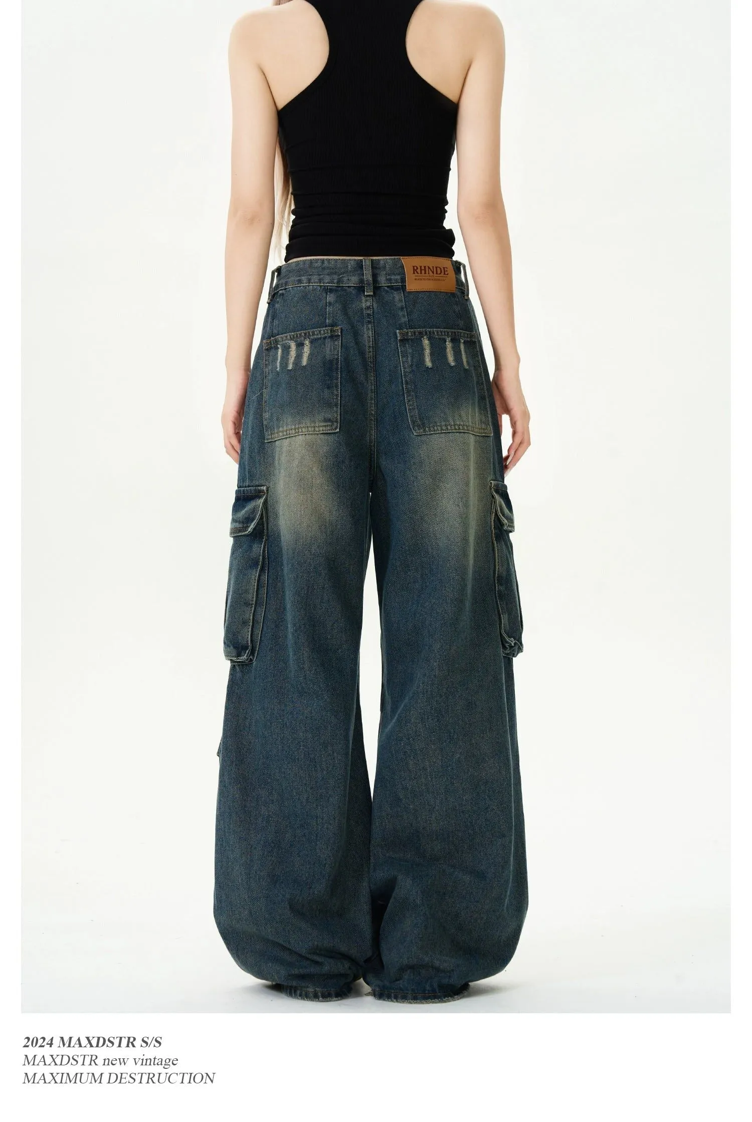 Faded Pleats Loose Fit Cargo Jeans