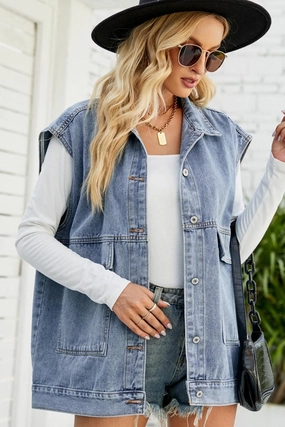 Ultraviolet Protection Finish FADED DENIM BUTTON UP FLAT POCKET COLLAR VEST